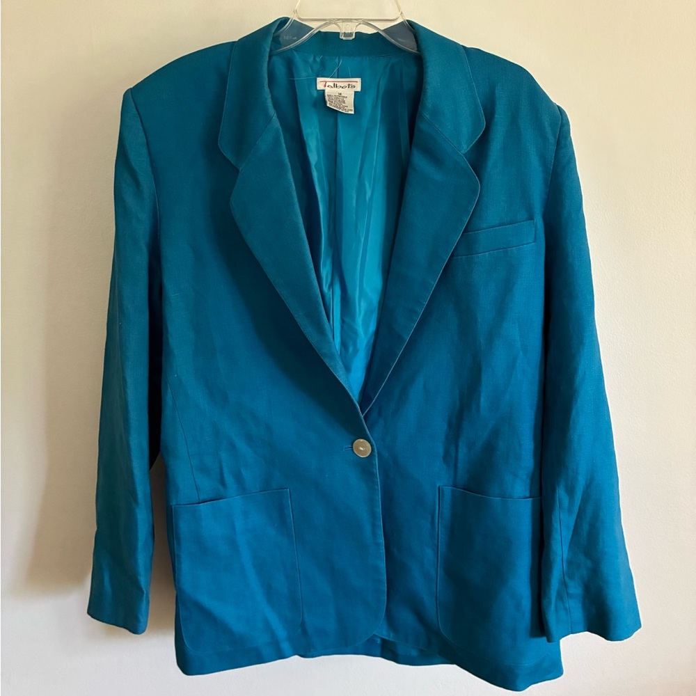 Vintage Talbots Single-Button Linen Blazer  with Shoulder Pads in Cerulean